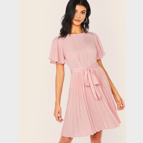 Rouge! Dresses & Skirts - Flounce Sleeve Belted Pleated Mini Dress in Pink